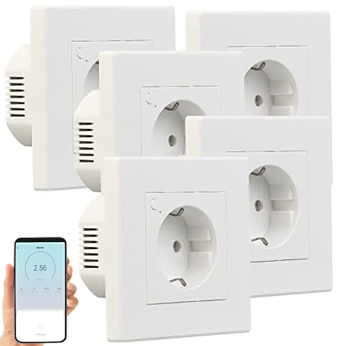 Luminea Home Control WiFi-Steckdose Alexa: 5er-Set WLAN-Unterputz-Steckdosen mit Verbrauch-Messung, App, 3.680 W (WLAN Steckdosen Up, Schaltbare Unterputzsteckdose)