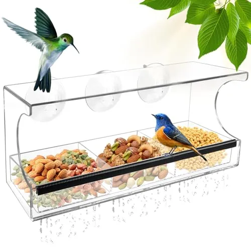 Fenster Futterhaus für Vögel Fenster Vogelhaus Fensterscheibe, Vogelfutterhaus aus Acryl, Vogelfutterspender Fenster mit 3 Extra Starken Saugnäpfen und 3 Fächern, Transparenter 30 x 10 x 13 cm