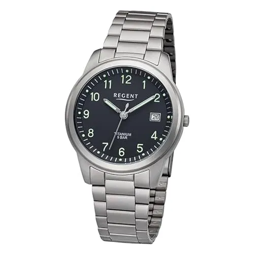 Regent Herrenuhr Titan Armband 36MM - Armbanduhren für Herren mit elegantem Titan-Gliederarmband, analogem Zifferblatt in Schwarz und robustem Quarzwerk - ideal für stilbewusste Männer.