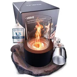 Firell® Tischkamin VERVE – Eleganter Bioethanol Kamin aus schwarzem Beton für Innen & Außen - Hochwertiger Tischkamin aus massivem Beton mit Edelstahl-Elementen. Extra lange Brenndauer von bis zu 3 Stunden und verstellbare Flamme. Ideal für stimmungsvolle Abende drinnen und draußen.