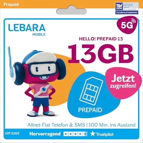LEBARA Prepaid SIM-Karte mit Hello! 13 Prepaid Tarif ohne Vertrag | Allnet Flat Telefonie & SMS, 13 GB Datenvolumen inkl. 5G und 100 Frei-Min. ins Ausland