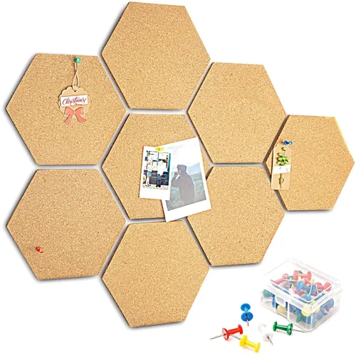 Produktbild Kork Pinnwand Sechseckig, 8 Stück, DIY Wanddekoration, inklusive 50 Pushpins
