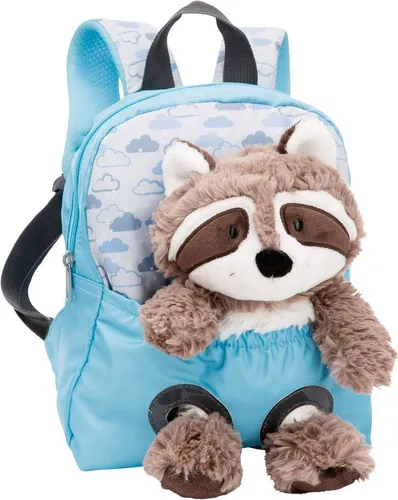 NICI Kinderrucksack blau 2 in 1 mit Waschbär - 25cm Kindergartenrucksack - Plüsch-Spielzeug und 2 in 1 Rucksack mit weichem Rückenbereich, ideal für Ausflüge. Inklusive Kuscheltier Waschbär, der immer dabei sein kann!
