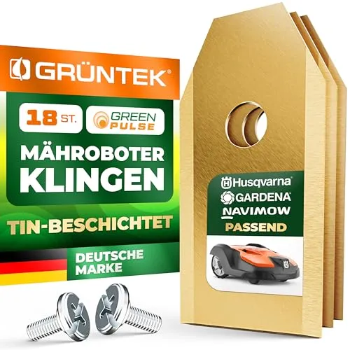 GRÜNTEK Mähroboter Ersatz-Klingen Set 18-tlg, kompatibel mit Husqvarna/Gardena/Navimow, Edelstahl TiN Beschichtet, hochpräzise, langlebige Ersatzmesser für Roboter Rasenmäher, mit Schrauben