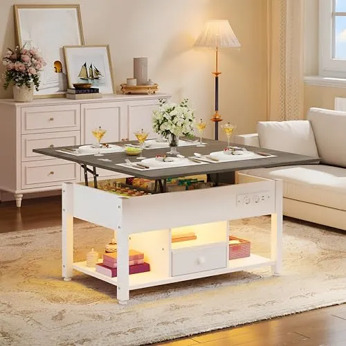 YITAHOME Couchtisch mit Höhenverstellbarer, 4-in-1-Multifunktions-Couchtisch mit Stauraum und LED Beleuchtung, Couchtisch lässt Sich in einen Esstisch für das Wohnzimmer umwandeln, Weiß&Grau