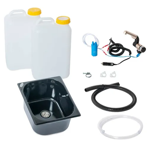 12V Camping Bausatz Waschbecken Wasserhahn schwarz mit 19 Liter Kanister - Praktisches Set für mobile Küchen mit kompakten Maßen: Breite 265 mm, Höhe 150 mm, ideal für Camping und Outdoor. Hochwertige Wasser- und Sanitärtechnik für den flexiblen Einsatz.