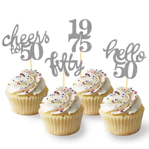 Stück Glitzer 50. Geburtstag Cupcake Topper, Geburtstagsdeko 50 von 1975 für Deko zum 50.Geburtstag, 50 Geburtstagsfeier Zubehör Party Dekoration Kuchendekoration (Silber) 24