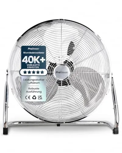 Pro Breeze 50 cm Bodenventilator aus Chrom, Ventilator mit 3 Geschwindigkeitsstufen und verstellbaren Ventilatorkopf