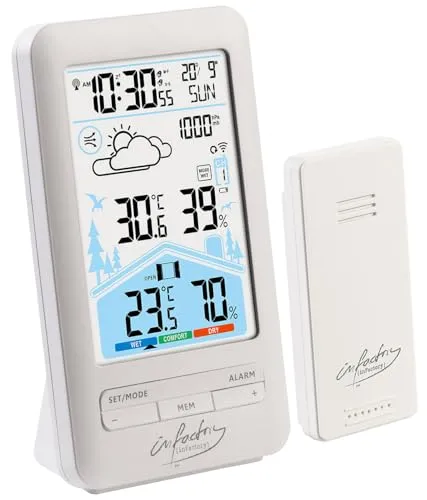 infactory Uhren mit Wetterstation: Funk-Wetterstation mit Außensensor, Dual-Alarm-Wecker und Komfortindex (3-Kanal, XL, Digitale Wanduhr)