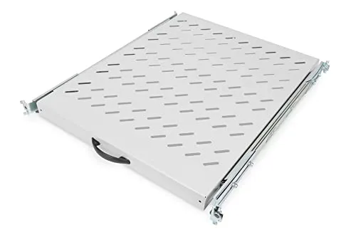 DIGITUS Ausziehbarer Fachboden 19-Zoll - 1HE - Ideal für Computer- & Server-Racks, dieser ausziehbare Fachboden bietet eine Traglast von 25 kg und passt in Schränke ab 800 mm Tiefe. Perfekte Befestigung vorne & hinten für optimale Stabilität.