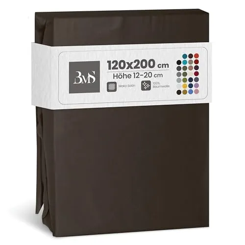 Bettwaesche-mit-Stil Mako Satin Spannbettlaken Spannlaken Spannbetttuch (120 cm x 200 cm, Matratzenhöhe 12-20 cm, Espresso Braun)