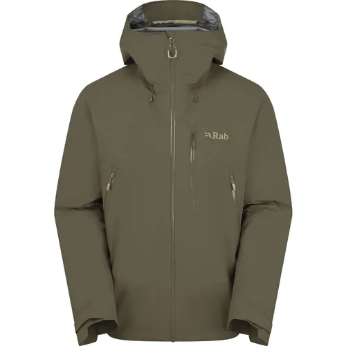 Rab Downpour Mountain Jacket - Hardshelljacke für Abenteuer - Funktionsjacke aus robustem Pertex Shield-Material, wasserdicht und atmungsaktiv. Ideal für Trekking und Klettern mit rucksackkompatiblen Taschen und verstellbarer Kapuze.