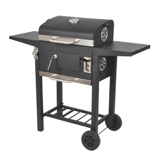 LQWELL Grillwagen, Holzkohlegrill BBQ Smoker Trolley, Standgrill mit Deckel, Edelstahl-griff, Grillrost, Thermometer, Flaschenöffner und Rädern, Maße ca. L109 x W54 x H94.5 cm, Schwarz
