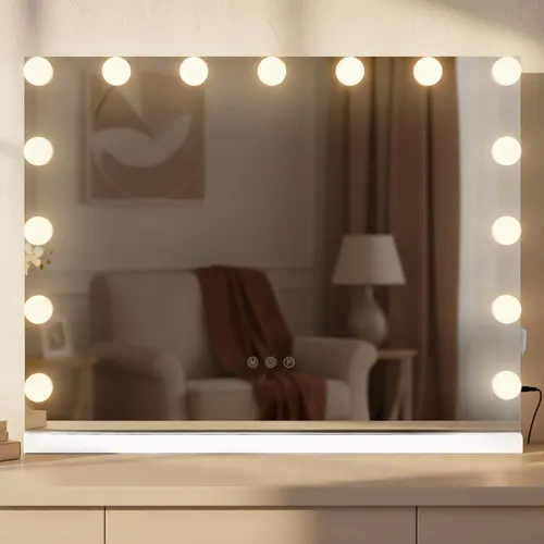 CLP Schminkspiegel Marlene - Dimmbare LED-Beleuchtung in Weiß - Tischspiegel mit 15 dimmbaren LED-Leuchten und 3 Licht-Modi für perfekte Ausleuchtung. Ideal für jedes Zimmer, inklusive USB-Anschluss zum Laden von Geräten.