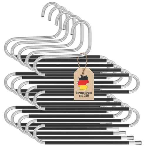 Platzsparende 5x S-Form Hosenbügel aus Edelstahl - Kleiderbügel Set, ideal für die platzsparende Aufbewahrung von Hosen, Krawatten und Handtüchern. Robust und stilvoll in Silber und Schwarz.