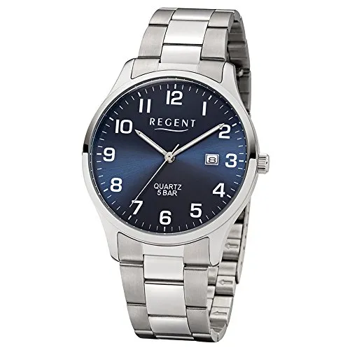 Regent Herren Analog Quarz Uhr 11150665 - Elegante Armbanduhr für Herren aus Edelstahl mit blauem Ziffernblatt und leuchtenden Zeigern. Wasserdicht bis 5 bar, ideal für den täglichen Gebrauch. Perfekt für stilbewusste Männer!