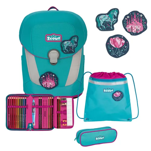 Scout Sunny II Dreamworld Schulranzen Set 4tlg. - 4-teiliges Schulranzen-Set mit ergonomischem Tragegurtsystem, ideal für Kinder von 6-10 Jahren. Der leichte Ranzen sorgt für Komfort und Sicherheit auf dem Schulweg.