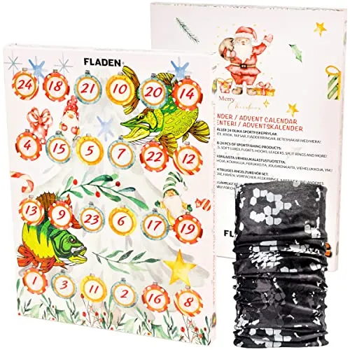 FLADEN Fishing Raubfisch Angler Adventskalender - Weihnachtskalender Angel Advents Kalender - mit 24 Überraschungen + Multifunktions Tuch
