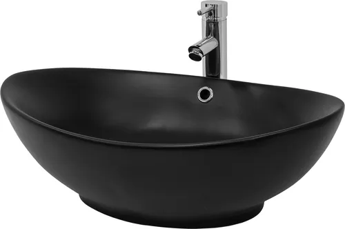 ML-Design Ovale Aufsatzwaschbecken in Schwarz Matt 59x38x19cm - Badezimmer Tischwaschbecken, zeitloses Design aus hochwertiger Keramik, pflegeleicht und eleganter Eyecatcher für Ihr Bad oder Gäste-WC.