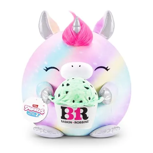 Snackles Serie 2 20 cm (Marty) von ZURU Kuschelig-weiches, beruhigendes, 20 cm großes Plüschspielzeug mit lizenziertem Snackmarken-Accessoire, Unicorn, Baskin-Robbins