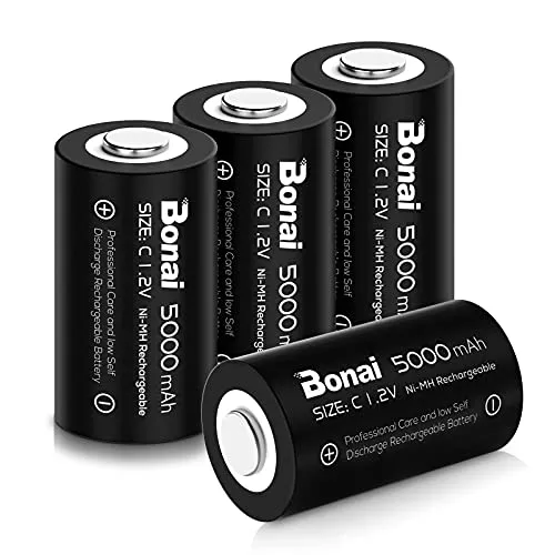 Produktbild BONAI 4er Pack C Akku 5000mAh – Hohe Kapazität 1,2V NI-MH Baby Batterien wiederaufladbar, geringe Selbstentladung für LED-Taschenlampen, Spielzeug und Radio