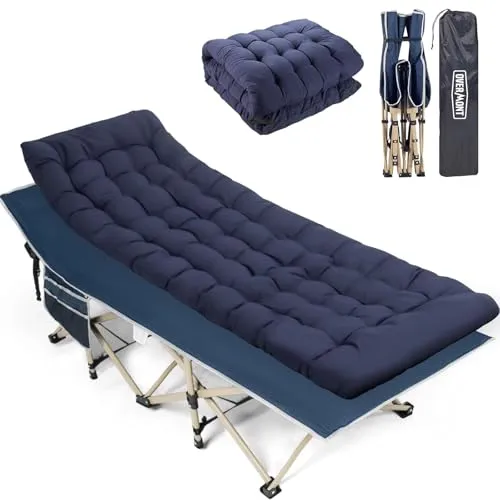 Overmont Klappbar Übergroß Feldbett mit Matratze - Camping-Feldbett für Erwachsene, bis 250 kg belastbar, mit abnehmbarer Matratze für zusätzlichen Komfort und praktischen Seitentaschen für Wertsachen.
