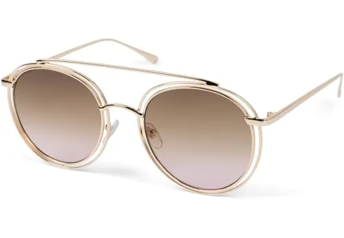 styleBREAKER Damen Oversize Sonnenbrille mit runden Gläsern und doppeltem Rahmen, Polycarbonat Gläsern, Hippie Look 09020122, Farbe:Gestell Gold/Glas Braun-Rose Verlauf