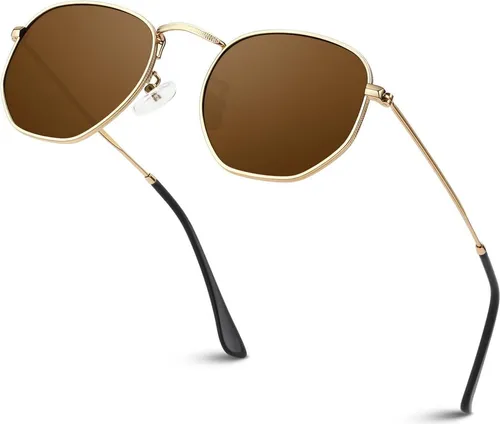 Sunier Sechseck Sonnenbrille Damen Herren mit UV400 Schutz - Trendige Sechseck Sonnenbrille für Damen und Herren, polarisiert für klare Sicht. Ultraleichter Metallrahmen für höchsten Tragekomfort. Perfekt für Outdoor-Aktivitäten und stylishen Auftritt.