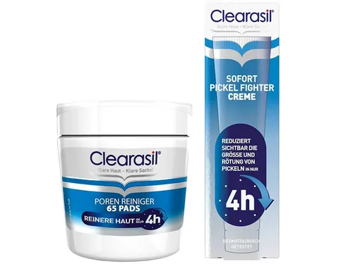 Clearasil Gesichtreinigungs-Set Clearasil Poren Reiniger Pads 65 Stück + Pickel Fighter Creme 15 ml, 2-tlg., Gesichtreinigungs-Set