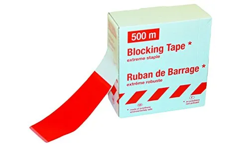 Absperrband rot/weiß schraffiert Flatterband in Spenderbox mit Abrollvorrichtung Maße (BxL): 8,0 cm x 500,0 m, Folienstärke: 35µ witterungsbeständig, beidseitig bedruckt, extrem reißfest PE-Folie