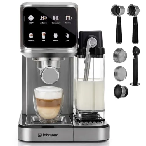 LEHMANN Siebträgermaschine 20 Bar, 7-in-1 Espressomaschine mit Milchtank | Edelstahl, Selbstreinigungsfunktion, Automatikprogramme für Espresso, Cappuccino und Latte, 1 L Milchtank & 1,2 L Wassertank