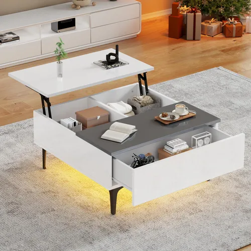 70*70*35cm Couchtisch, höhenverstellbarer Kaffeetisch mit verstecktem Stauraum und Ablagen, weißer Hochglanz-Wohnzimmertisch, Schreibtisch mit LED, Sofatisch mit Schubladen