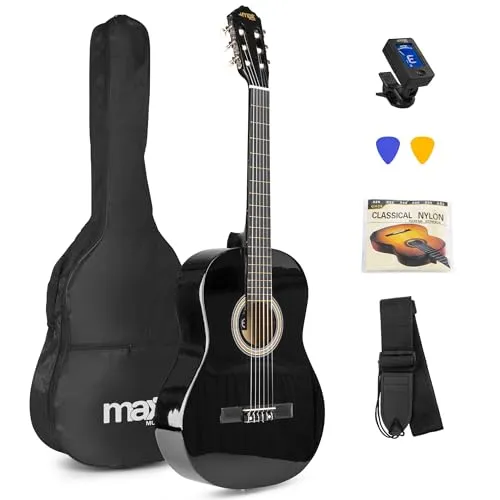 MAX SoloArt 4/4 Akustik Gitarre für Einsteiger - Komplettset mit Tasche und Zubehör - Vielseitige 4/4 Akustikgitarre in Schwarz, ideal für Anfänger. Inklusive Tasche, Stimmgerät und Plektrum für einen einfachen Einstieg in die Welt der Musik.
