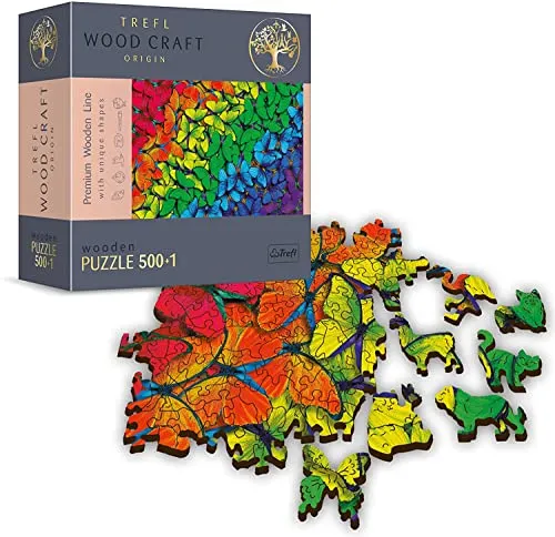 Trefl - Holzpuzzle, Regenbogen Schmetterlinge - 500+1 Teile, Wood Craft, unregelmäßige Formen, 50 Tierfiguren, Premium Modernes Puzzle, DIY, Farben, Insekten, holzpuzzle Erwachsene