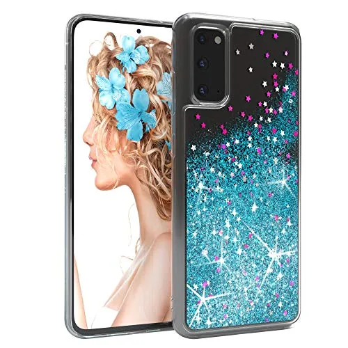 EAZY CASE Hülle kompatibel mit Samsung Galaxy S20 Schutzhülle mit Flüssig-Glitzer, Handyhülle, Schutzhülle, Back Cover mit Glitter Flüssigkeit, TPU/Silikon, Transparent/Durchsichtig, Blau