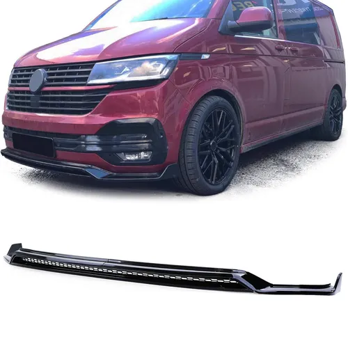 Frontspoiler Lippe mit Splitter und Gitter Schwarz Glanz für VW Bus T6.1 ab 19 - Stoßstangen & -verstärker, verleiht Ihrem VW Bus T6.1 ein sportliches und aggressives Design mit optimaler Aerodynamik.