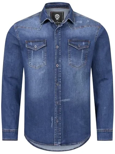 Rock Creek Herren Jeans Hemd Herrenhemd Denim Jeanshemd Vintage mit druckknöpfen Regular Fit Stehkragen Kentkragen Langarm Männer H-419 Blau 3XL