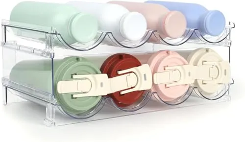 RUIQINGSANY Stapelbarer Flaschenhalter für Kühlschrank, Schrank, Vorratskammer - Wasserflaschenhalter für Küchenschränke Arbeitsplatte Kühlschrank, 2er-Pack, jedes Regal fasst 4 Behälter