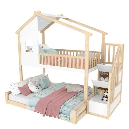 Etagenbett mit Stauraum und Rausfallschutz, 90x200cm/140x200cm, Kinderbett aus Kiefer