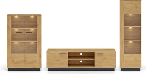 Wohnwand Modesto 3-teilig mit Beleuchtung in Eiche Style hell schwarz