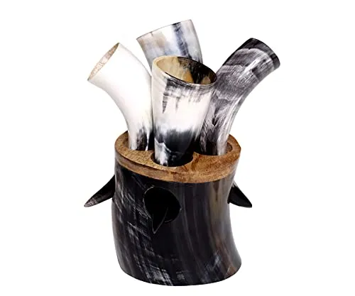 Brillibrum Design Trinkhorn Becher – 4er-Set aus echtem Kuhhorn mit Standfuß