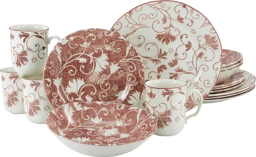 Creatable Damask rot Geschirrset, 16-teiliges Kombiservice aus Steingut - Tafelservice mit 16 Designerstücken, ideal für stilvolle Tischdekoration. Vintage-inspiriertes Dekor in Pink, spülmaschinen- und mikrowellengeeignet, für langlebigen Genuss.