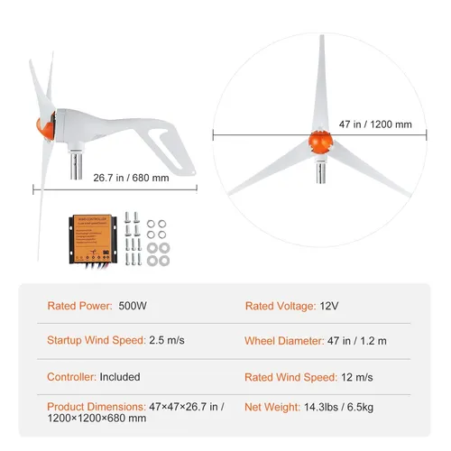 Windturbinengenerator 12V 500W mit 3 Klingen