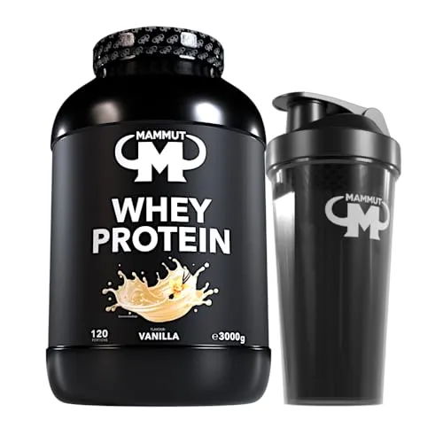 3kg Mammut Whey Protein Eiweißshake - Set (Vanille + Protein Shaker) - Hochwertiges Wheyprotein für Muskelaufbau und -erhalt. Mit 120 Portionen und perfekter Löslichkeit in Wasser oder Milch. Ideal für Fitness und tägliche Ernährung.