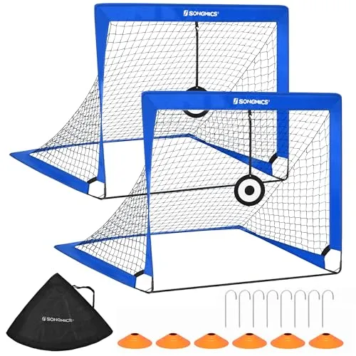 SONGMICS Fußballtor für Kinder, 2er Set, tragbar und faltbar, Garten, Park, Strand, Haltestangen aus Glasfaserstäben, blau SZQ422Q01