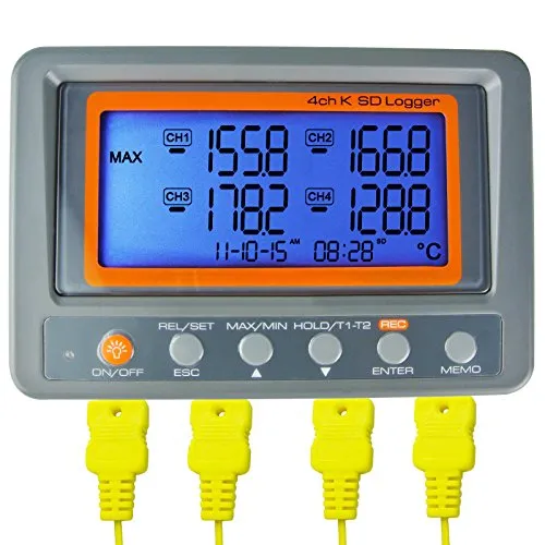 Digitales 4-Kanal-Thermoelement-Thermometer, Temperaturrekorder, Datenlogger, Mehrkanal-K-Typ-Thermometer, Thermoelement-Lesegerät mit 8 GB SD-Karte, 2 Perlentyp-K-Thermoelementsonde
