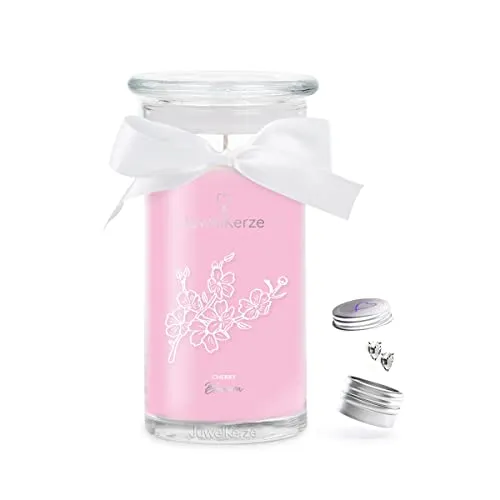 JuwelKerze Cherry Blossom Ohrringe Silber - Schmuckkerze 80 Std - große Duftkerze mit Blumigem Duft - rosa Kerze mit Schmuck Überraschung - Geschenke für Frauen, Geburtstag