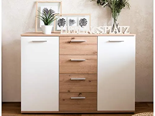möbelando Sideboard Jacklin I - Artisan Eiche/Weiß - Buffetschrank mit 4 Schubkästen und 2 Türen für optimalen Stauraum, in hochwertiger Artisan Eiche Nachbildung für eine helle, attraktive Optik. Ideal für Wohnzimmer, Esszimmer oder Flur.