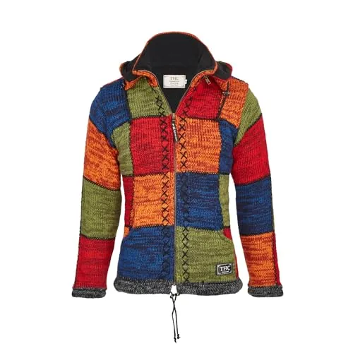THC Natural Line Strickjacke Schafwollstrickjacke mit abnehmbarer Kapuze - Bunte Strickjacke aus 100% Schurwolle, atmungsaktiv und wärmend. Ideal für kühle Tage mit abnehmbarer Kapuze und praktischen Taschen. Größe XXL, klassischer Stil.