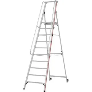 Hymer Podestleiter 808110, fahrbar & klappbar mit 10 Stufen - Leiter für bis zu 150 kg, max. Arbeitshöhe 4,34 m. Ideal für sicheren Stand mit ergonomischen Handläufen und Anti-Rutsch-Plattform. Perfekt für professionelle Anwendungen.